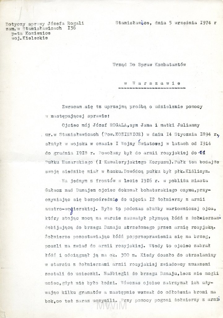 KKE 5859-1.jpg - Dok. Pismo Jana Rogala do Urzędu Do Spraw Kombatantów w Warszawie w sprawie odszukania dokumentów Józefa Rogala, Stanisławice, 5 IX 1974 r.